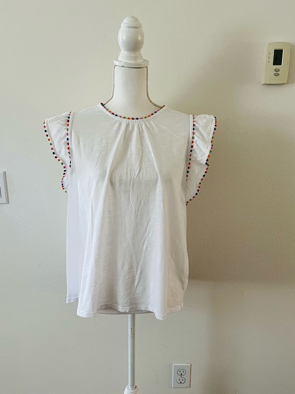 White Pom-Trim Flutter Sleeve Women's Top
